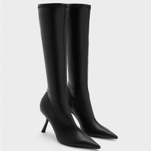 Slant-Heel Knee-High Boots - Black